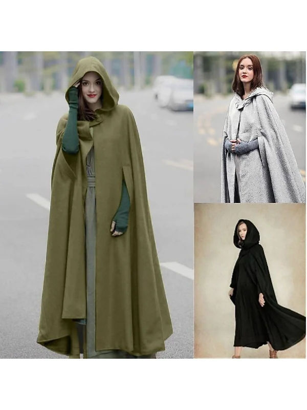 Dark Green Vintage Medieval Adult Long Hooded Cloak Hoodie with Full-Zip Functional Layering