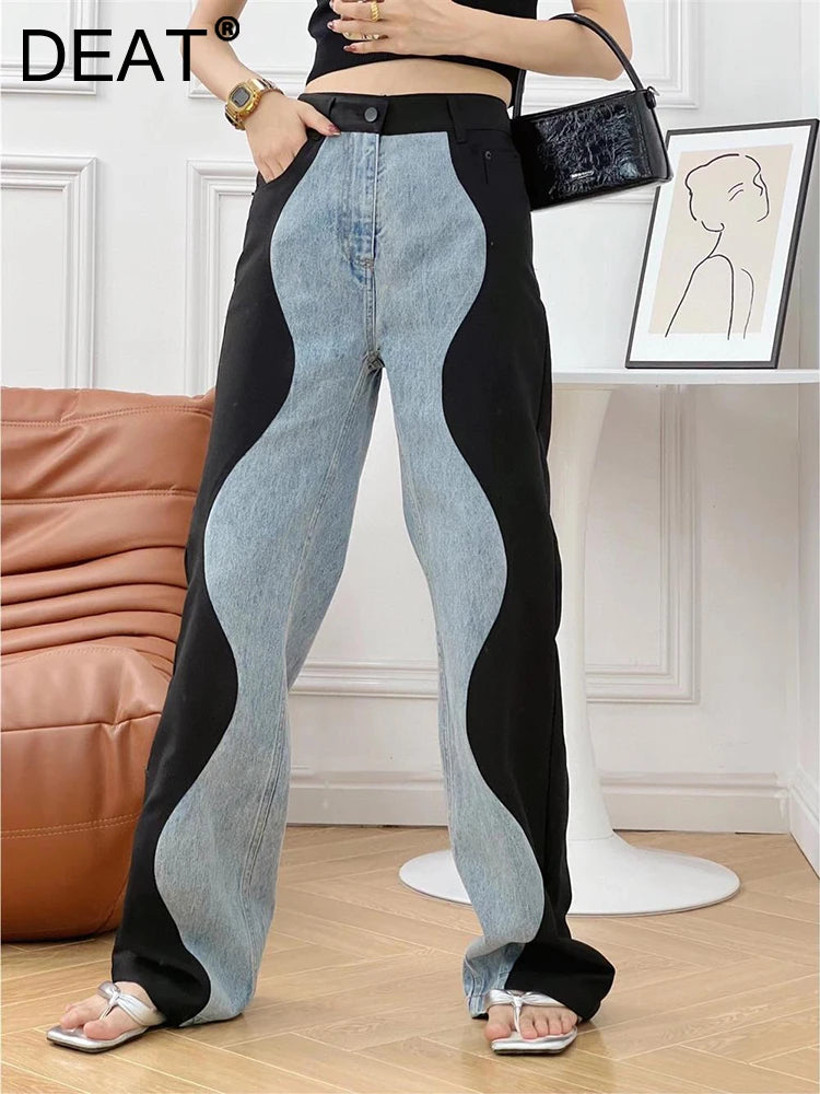 Women's Jeans High Waist Black Blue Wave Spliced Straight Tube Wide Leg Denim Stylish High-Waist Jeans Women's Jeans High Waist Black Blue Wave Spliced Straight Tube Wide Leg Denim Stylish High-Waist Jeans