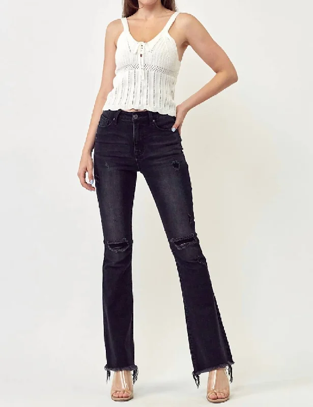 Flare Distressed Knee Jeans In Black Classic Slim Fit Jeans