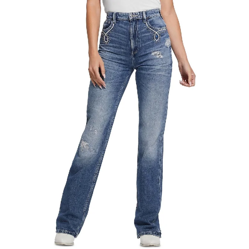 Guess Womens 80s Embellished High Rise Straight Leg Jeans Stylish Cargo Style Jeans