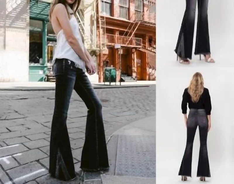 High Rise Flare Jeans W/ Contrast Panel In Faded Black Fashionable Straight Fit Denim