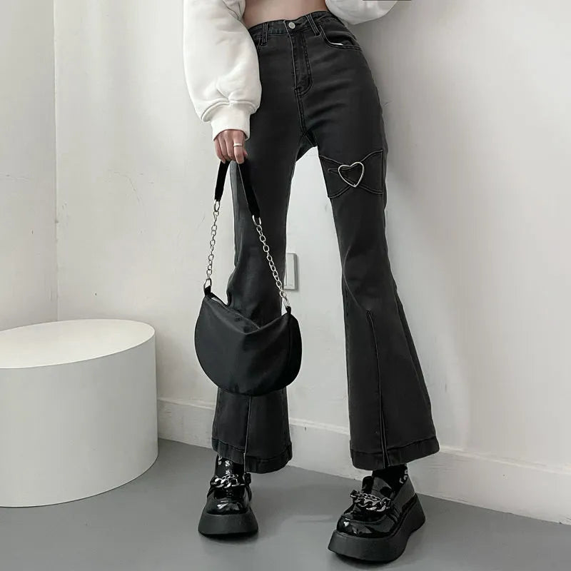 Jeans for Women Vintage Black Denim Flare Pants Streetwear High Waist Slim Mom Trouser Trendy Patchwork Denim Jeans Jeans for Women Vintage Black Denim Flare Pants Streetwear High Waist Slim Mom Trouser Trendy Patchwork Denim Jeans