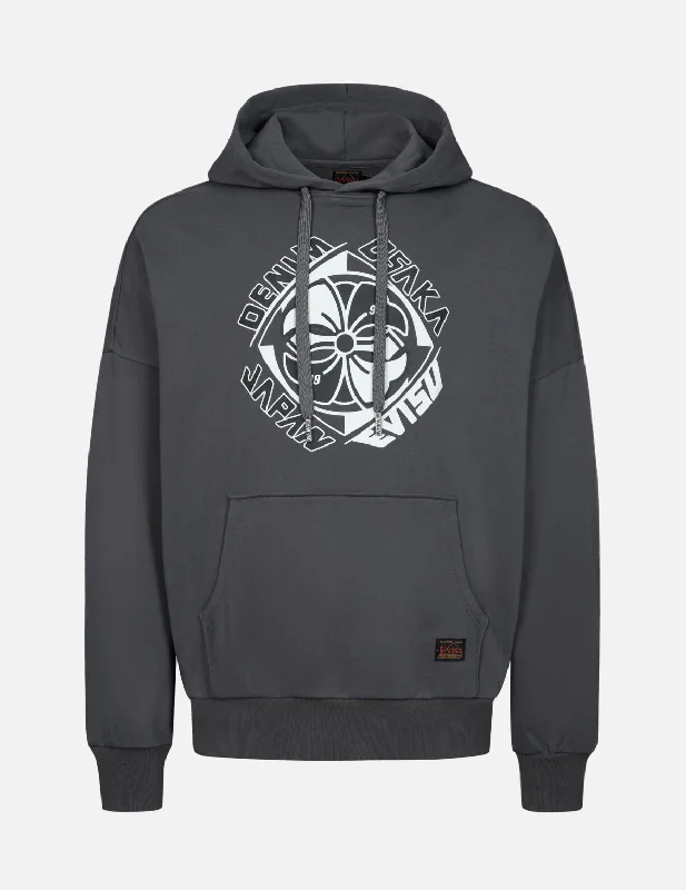 Kamon Print Loose Fit Hoodie Hoodie with Hidden Zipper Minimalist Clean