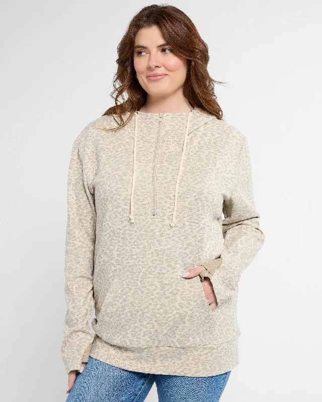 Plus Size Leopard Print Half Zip Hoodie Hoodie with Side Slits Relaxed Casual