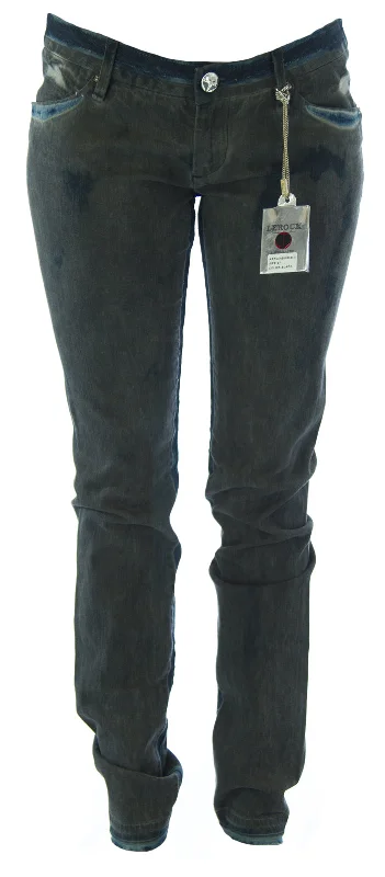 LEROCK Women's Grey/Blue Dirt-Washed Straight Leg Slim Fit Denim Jeans Sz 27 NEW Stylish Paperbag Waist Denim