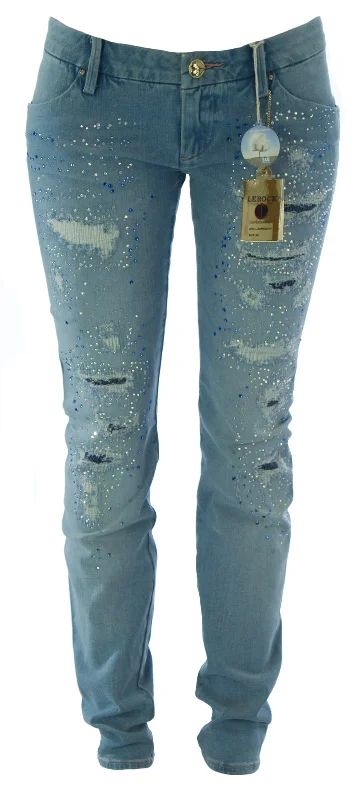 LEROCK Women's Light Blue Straight Leg Distressed Bedazzled Denim Jeans NEW Trendy Button-Up High-Waist Jeans LEROCK Women's Light Blue Straight Leg Distressed Bedazzled Denim Jeans NEW Trendy Button-Up High-Waist Jeans