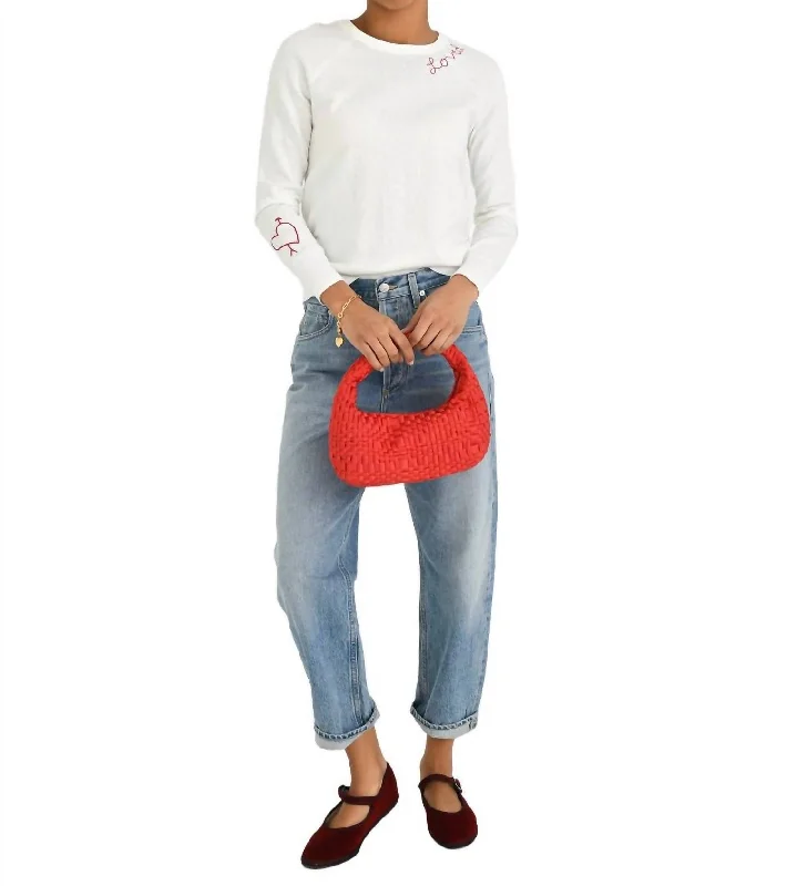 Love D Stitch Crew Sweater In White/red Oversized Loose Flowy