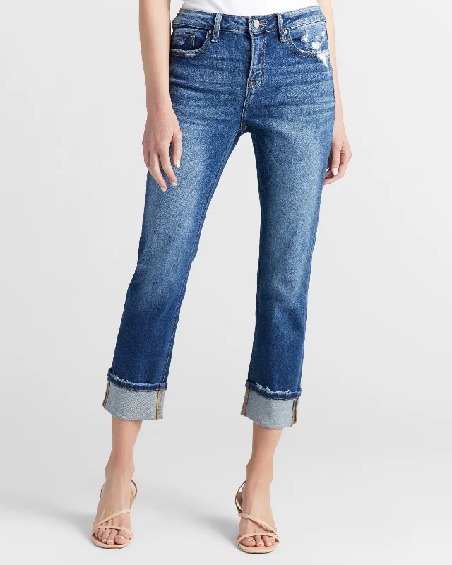 Mid Rise Straight Leg Jeans With Cuff Trendy Colored Denim Jeans
