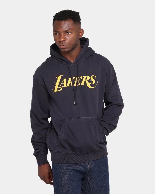 Mitchell & Ness Los Angeles Lakers Logo Vintage Hoodie Faded Black Hoodie with Applique Textured Unique Mitchell & Ness Los Angeles Lakers Logo Vintage Hoodie Faded Black Hoodie with Applique Textured Unique