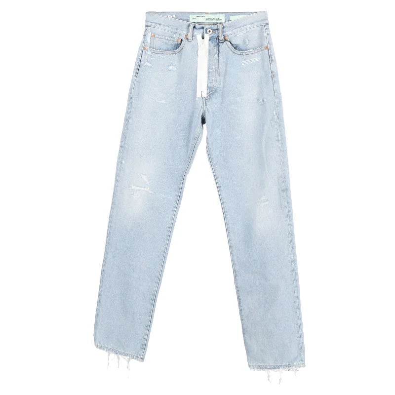 Off-White c/o Virgil Abloh Mid-Waist Distressed Jeans in Light Blue Cotton Stylish High-Waist Skinny Denim