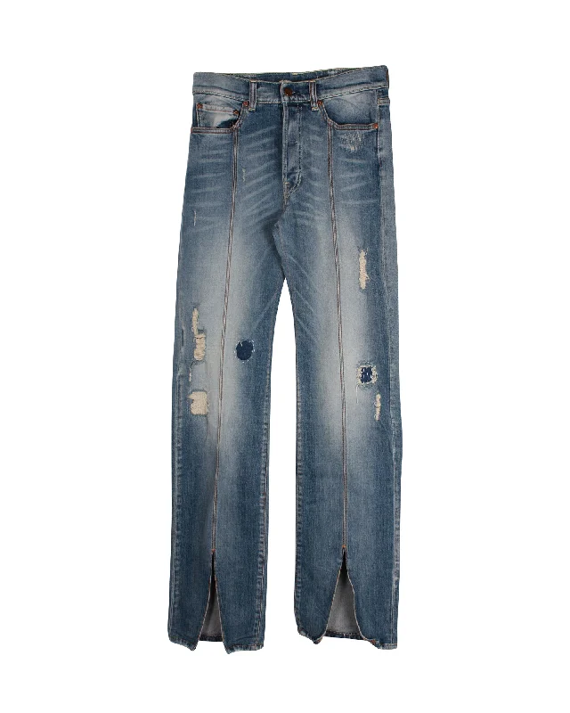 Off-White Distressed Straight Leg Denim Jeans in Blue Cotton Classic Blue Denim Jeans