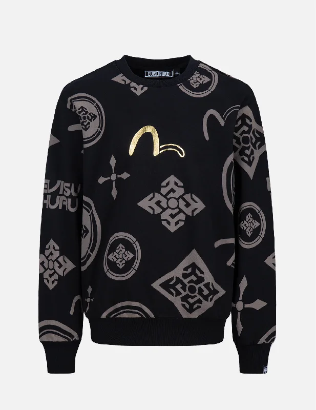 Seagull and Logo Foil Print Monogram Sweatshirt Hoodie with Zipper Placket Modern Functional