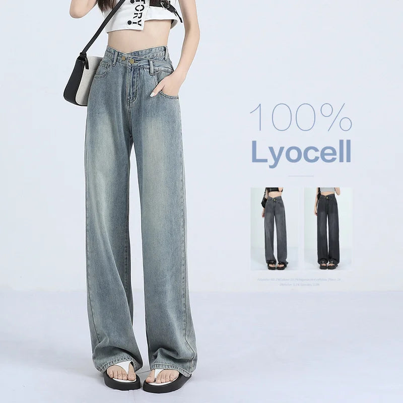 Summer Soft Lyocell Fabric Woman Jeans Thin Loose Wide Leg Straight High Waisted Pant Elegant Dark-Wash Bootcut Jeans