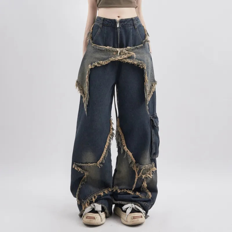 Women Blue Jeans Contrasting Colors High Waist American Street Wide Leg Pants Elegant Dark-Wash Bootcut Jeans Women Blue Jeans Contrasting Colors High Waist American Street Wide Leg Pants Elegant Dark-Wash Bootcut Jeans