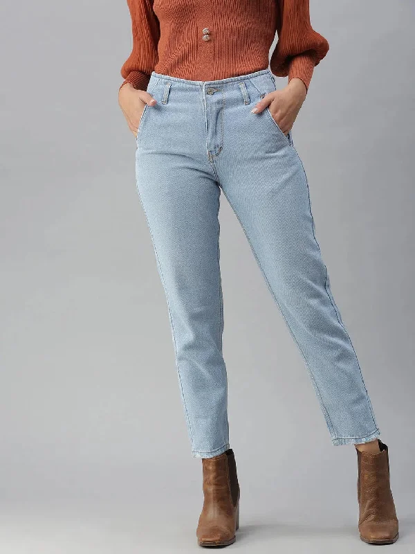 Women's Blue Solid Mom Fit Denim Jeans-GZ-5018A-Blue Comfortable Drawstring Waist Jeans