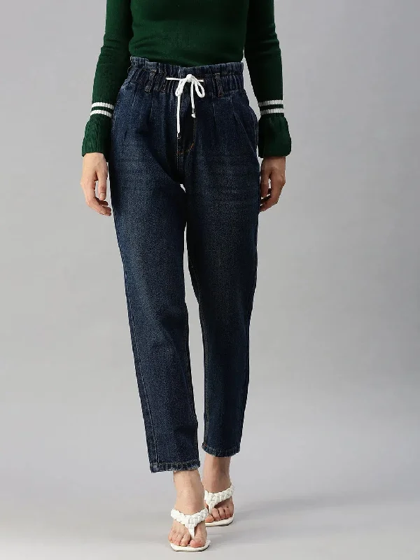 Women's Blue Solid Mom Fit Denim Jeans-GZ-5023C-Blue Elegant Tapered Leg Denim