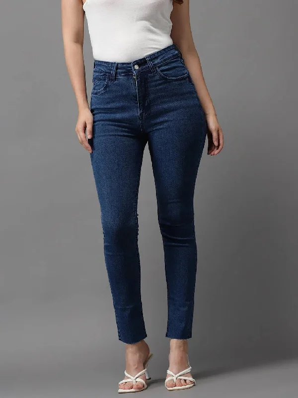 Women's Blue Solid Skinny Fit Denim Jeans-GZ-5183-C-Blue Classic Button Fly Jeans