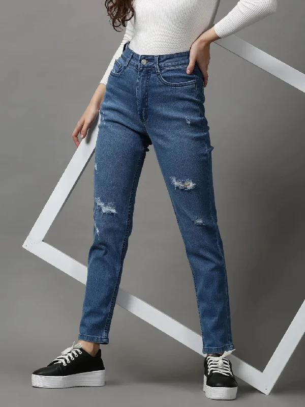 Women's Blue Solid Slim Fit Denim Jeans-GZ-5303-Blue Stylish High-Rise Mom Jeans