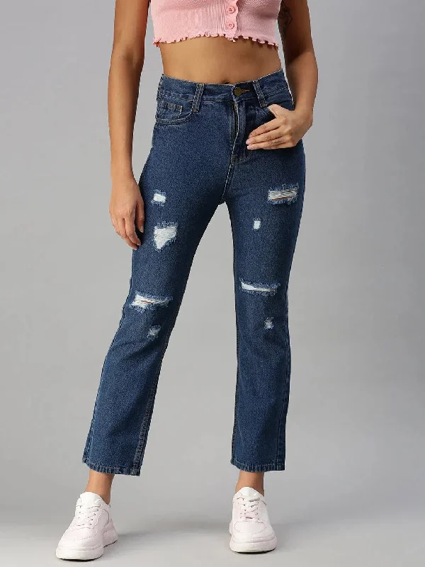 Women's Blue Solid Straight Fit Denim Jeans-GZ-2543C-Blue Casual Skinny Fit Jeans