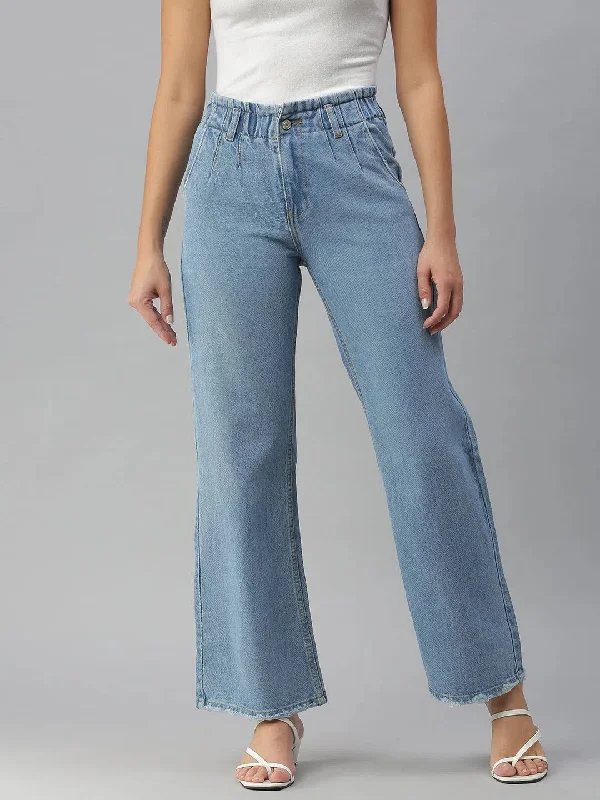 Women's Blue Solid Wide Leg Denim Jeans-GZ-5064A-Blue Cozy Wide-Legged Jeans