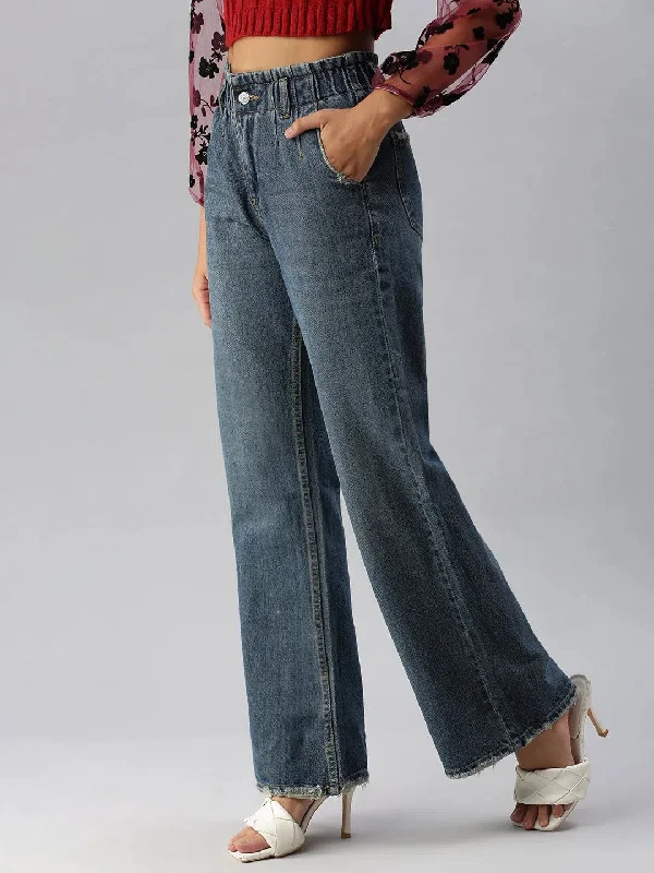 Women's Blue Solid Wide Leg Denim Jeans-GZ-5064B-Blue Fashionable Vintage Wash Jeans Women's Blue Solid Wide Leg Denim Jeans-GZ-5064B-Blue Fashionable Vintage Wash Jeans