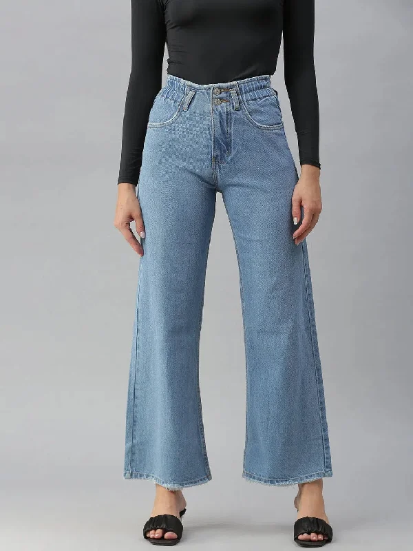 Women's Blue Solid Wide Leg Denim Jeans-GZ-5065A-Blue Comfortable Folded Hem Jeans