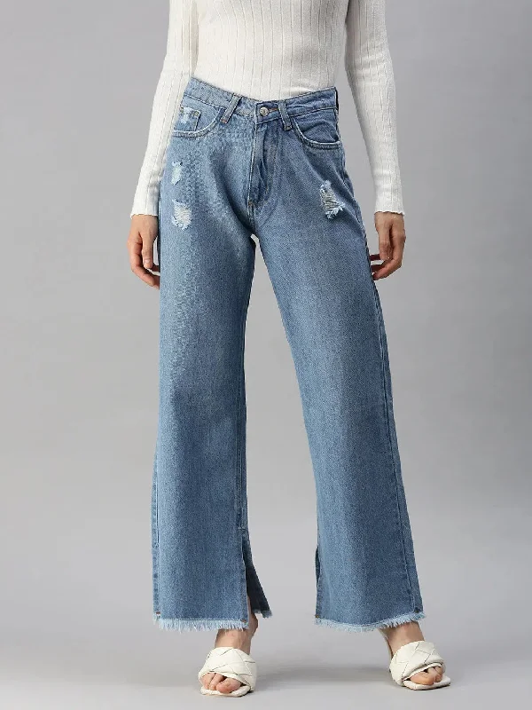 Women's Blue Solid Wide Leg Denim Jeans-GZ-5073A-Blue Chic Cropped Jeans