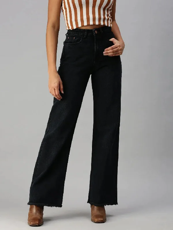 Women's Grey Solid Wide Leg Denim Jeans-GZ-5010C-Grey Comfortable Faded High-Rise Jeans