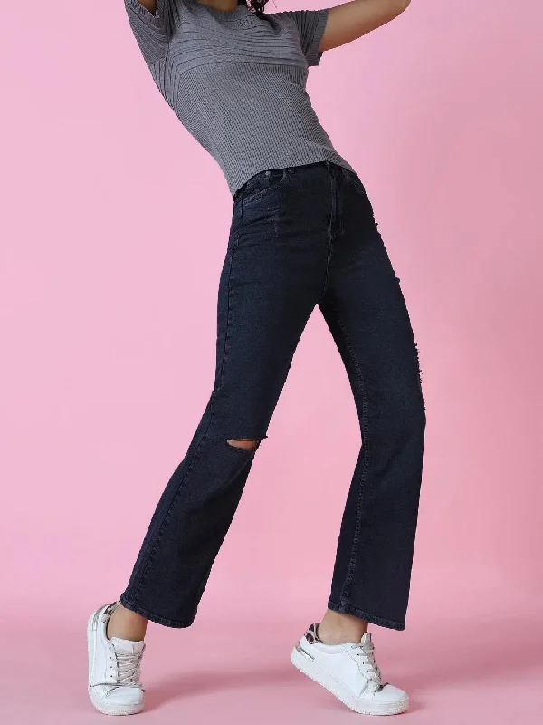 Women's Navy Blue Solid Wide Leg Denim Jeans-GZ-5290-Navyblue Elegant Bootcut Fit Jeans