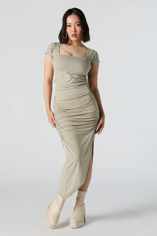 Ruched Slit Midi Skirt velvet skirt sumptuous