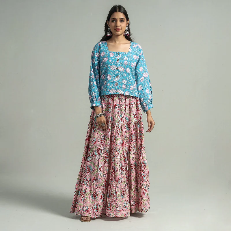 Pink - Sanganeri Block Printed Tiered Cotton Long Skirt wrap skirt elegant