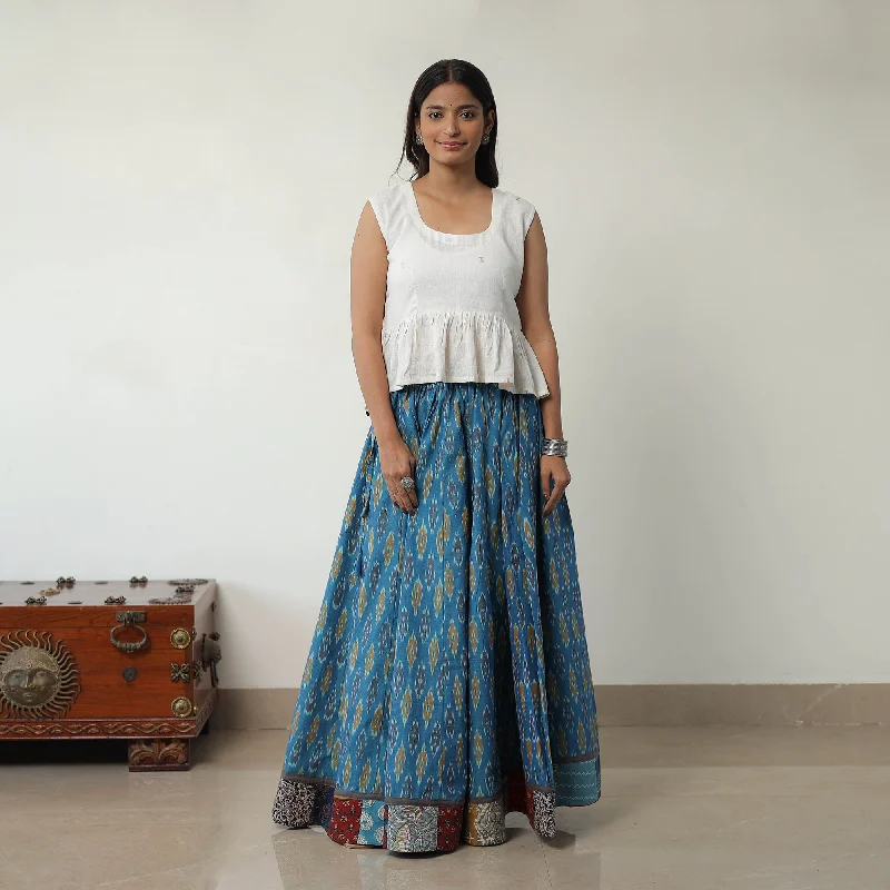 Blue - 24 Kali Cotton Pochampally Ikat Skirt with Border 04 satin skirt smooth
