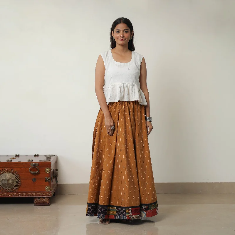 Brown - 24 Kali Cotton Pochampally Ikat Skirt with Border 08 corduroy skirt durable