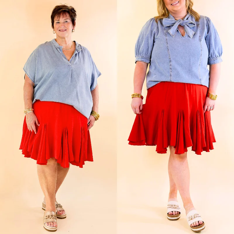 Afternoon Flights Ruffle Mini Skirt in Red denim skirt casual