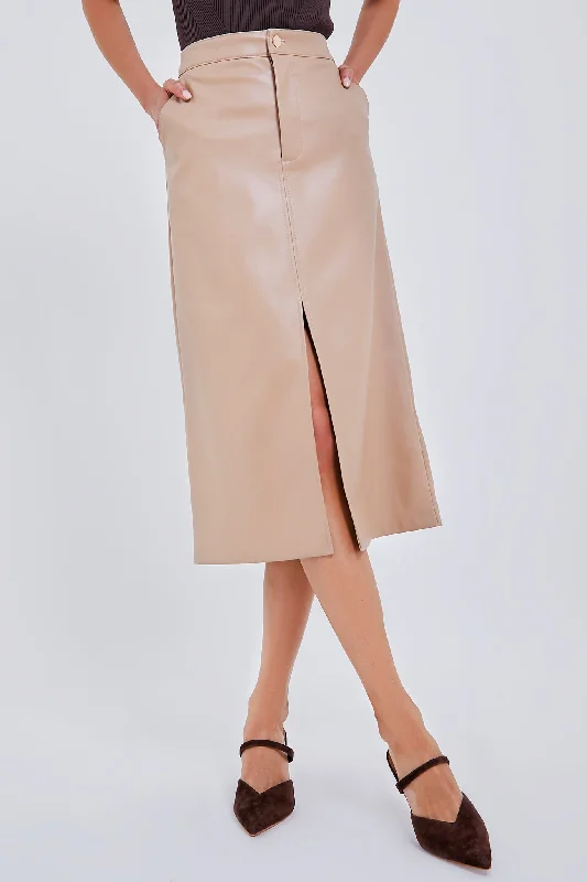 Almond Faux Leather Ingrid Midi Skirt wool skirt breathable