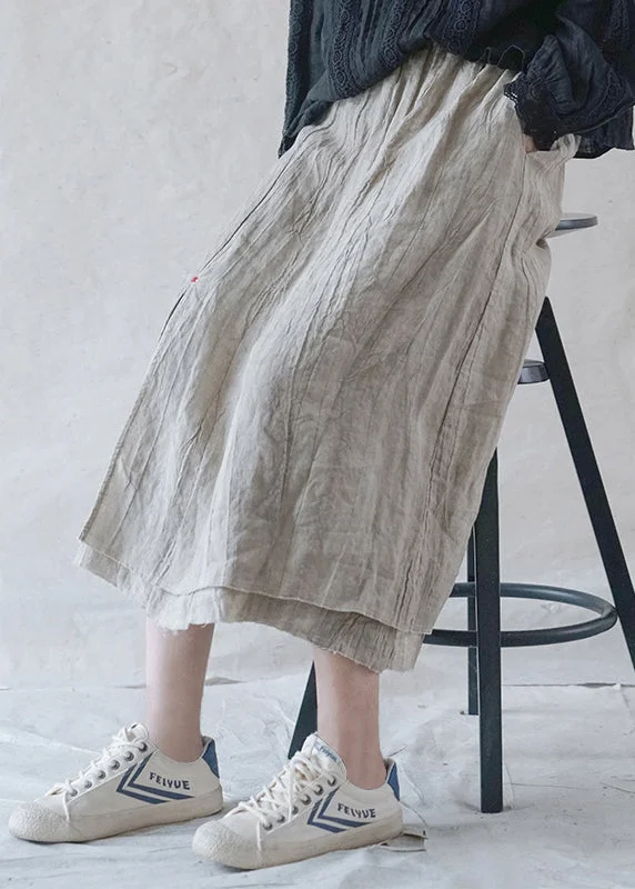 Art Beige elastic waist Pocket double-deck Linen Skirts Spring cashmere skirt rich