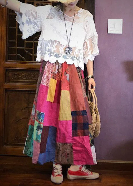 Art Colorblock Wrinkled Print Patchwork Exra Large Hem Linen Skirts Summer wool skirt breathable