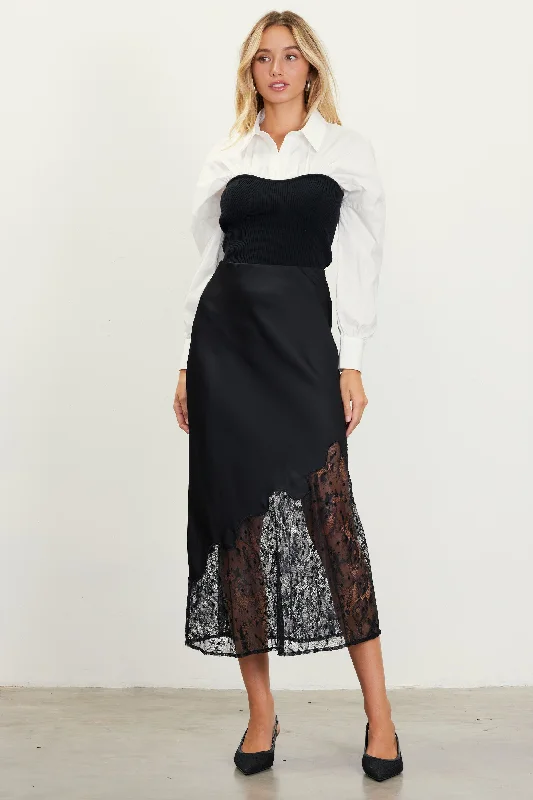 Asymmetrical Lace Satin Skirt silk skirt lustrous