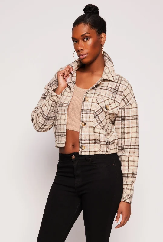 Cropped Plaid Shacket Peter Pan Blouse