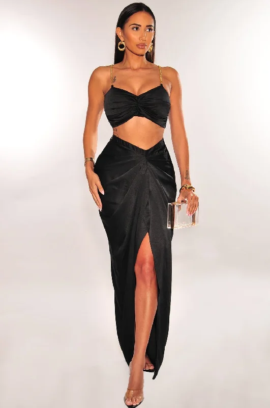 Black Gold Chain Padded Knotted Slit Skirt Two Piece Set denim skirt casual