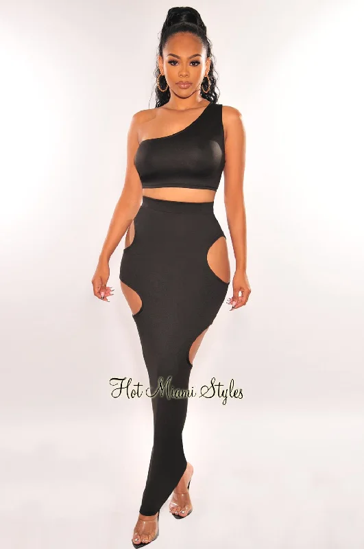 Black One Shoulder Cut Out Skirt Two Piece Set modal blend skirt