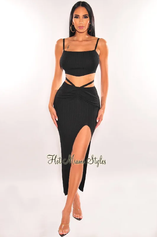Black Ribbed Knit Wrap Around Slit Skirt Two Piece Set relaxed fit skirt