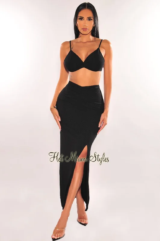 Black Ribbed Spaghetti Straps Knotted Slit Skirt Two Piece Set flowy skirt hem