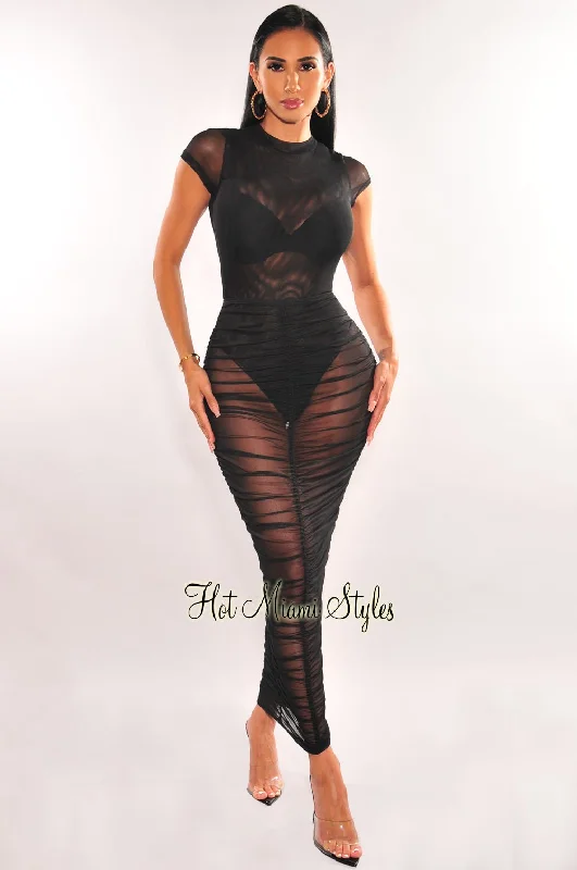 Black Sheer Mesh Short Sleeve Bodysuit Ruched Skirt Two Piece Set lace skirt intricate