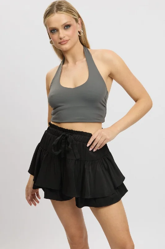 Black Skort Skirt Frilled Hem Elasticated Waist linen skirt airy