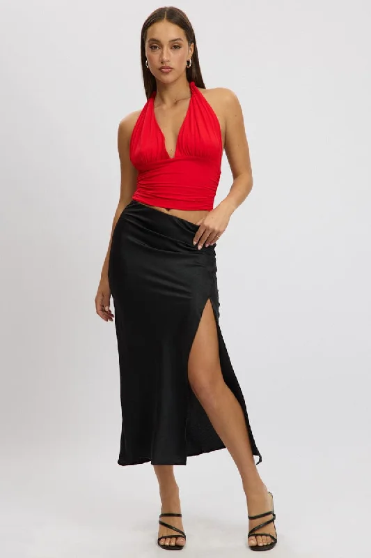 Black Slip Skirt High Waist Front Split Midaxi Satin lightweight skirt design