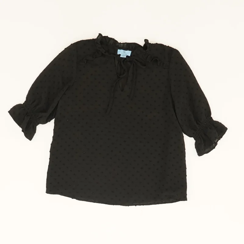 Black Solid 3/4 Sleeve Blouse Embroidered Floral Blouse