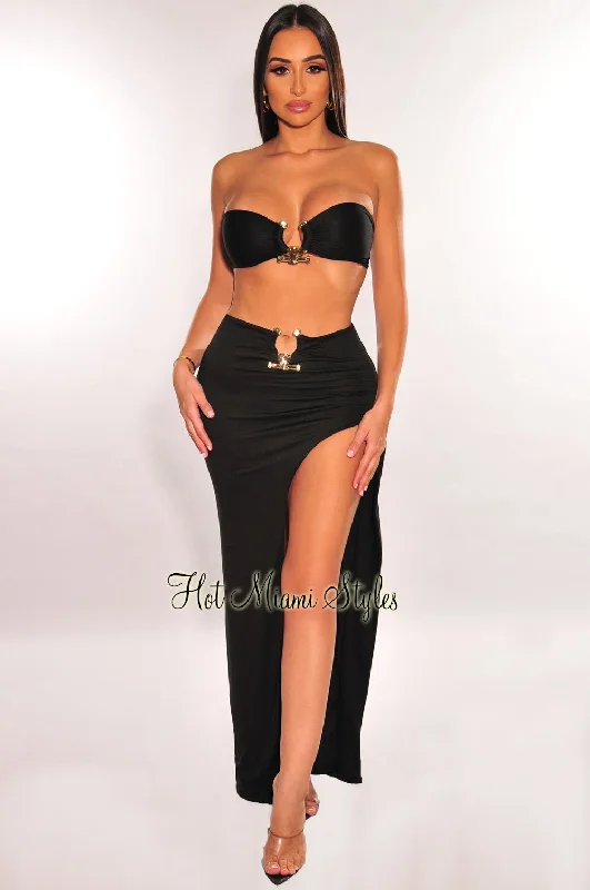 Black Strapless Tie Up Gold Ring Slit Skirt Two Piece Set pencil skirt chic
