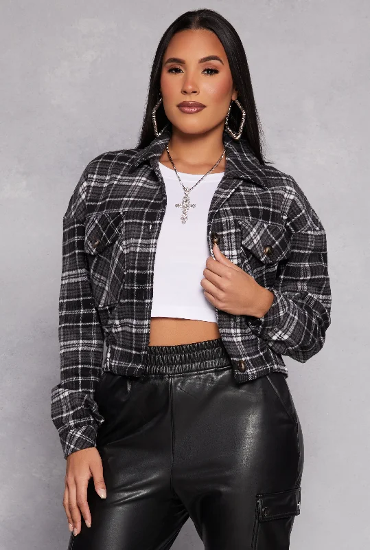 Cropped Plaid Shacket Slim Fit Blouse