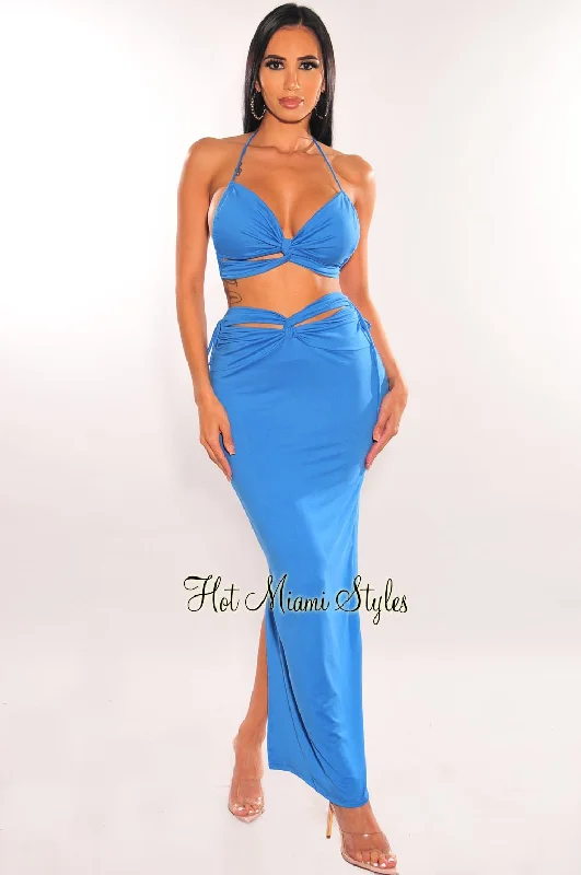 Blue Cut Out Knotted Midi Skirt Two Piece Set linen skirt natural